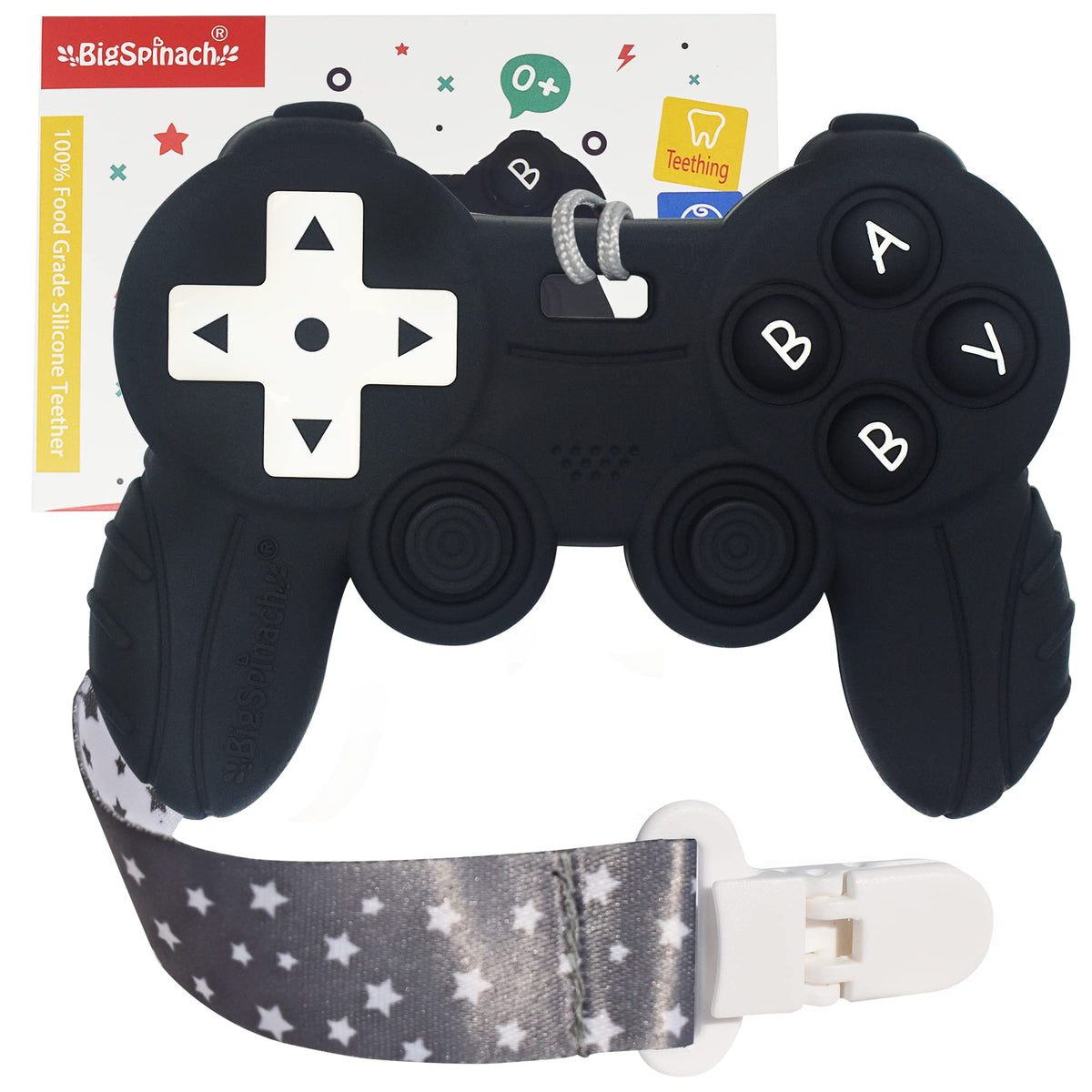 BIGSPINACH remote teether front with pop buttons for teething relief.