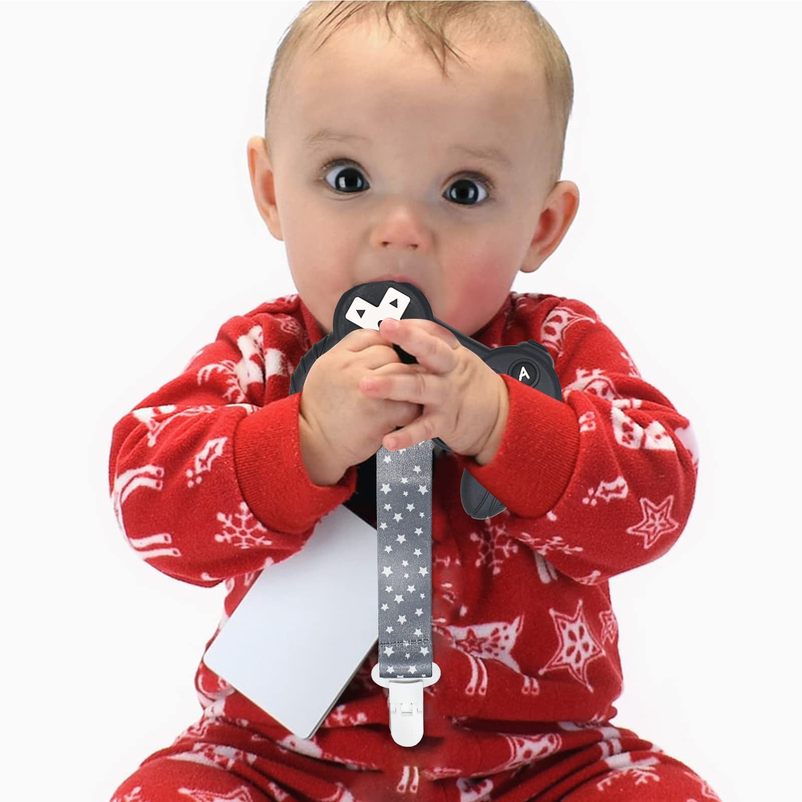 BIGSPINACH remote teether joysticks close-up shows textured silicone.