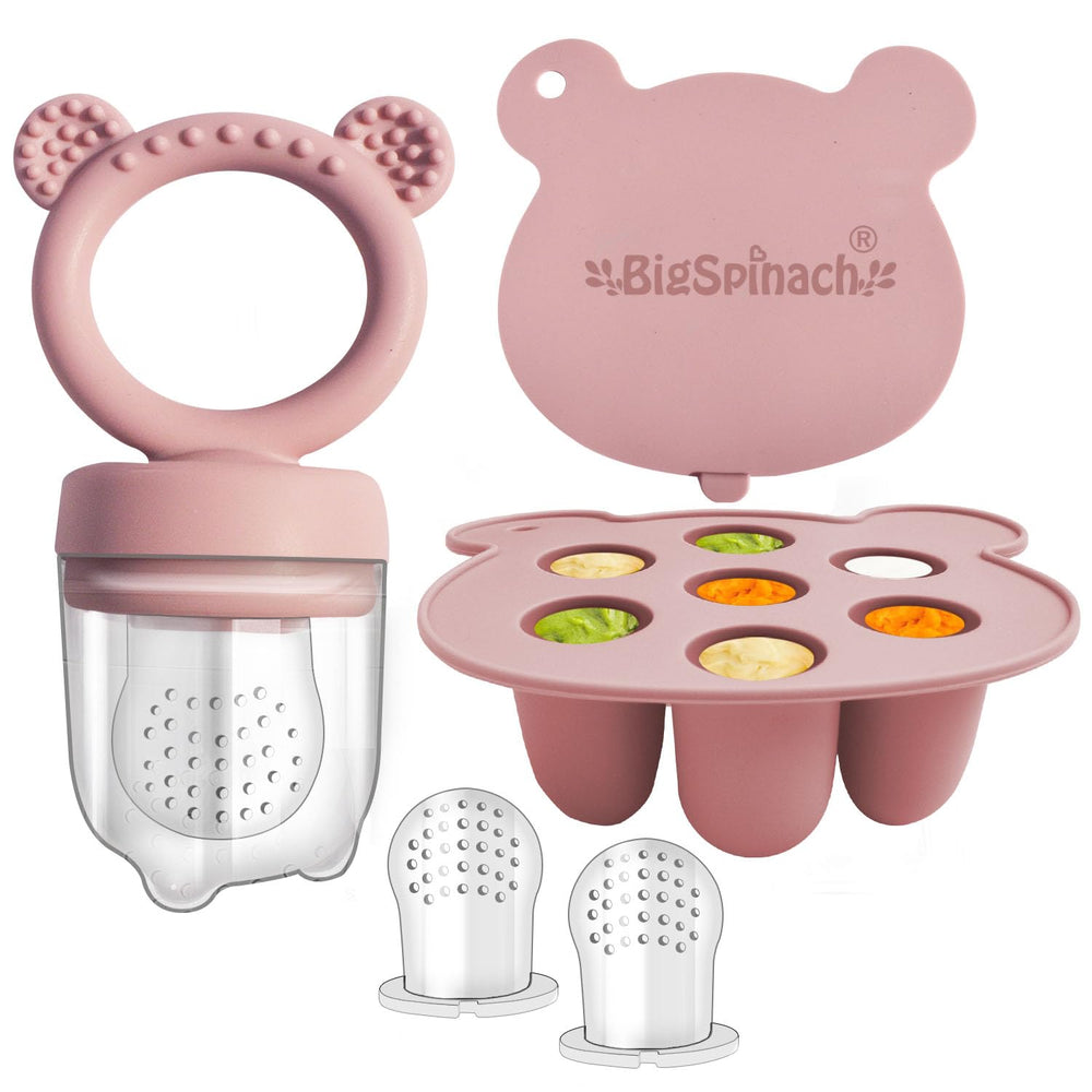 BIGSPINACH silicone freezer tray in pink for safe storage of breastmilk and baby food.