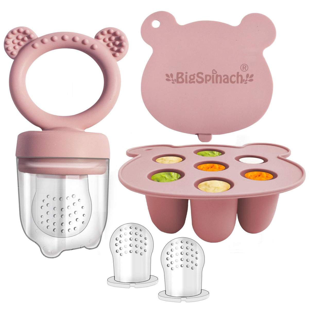 BIGSPINACH silicone freezer tray in pink for safe storage of breastmilk and baby food.