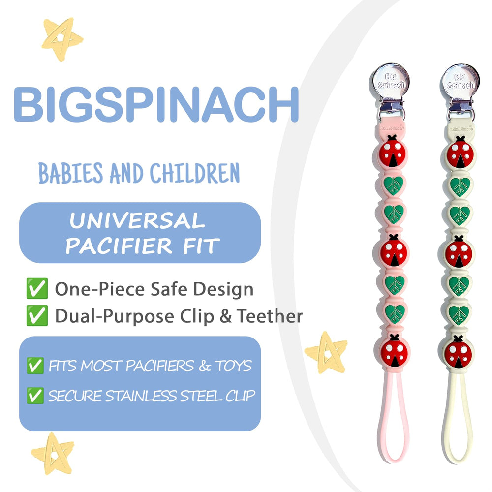 Close-up of BIGSPINACH silicone pacifier clip showing soft material for teething