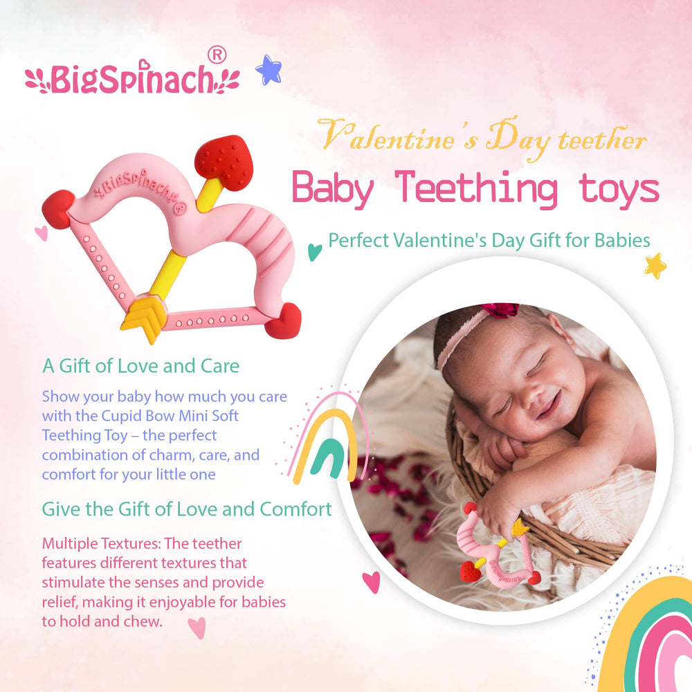 BIGSPINACH Cupid Bow design teether supports soothing gums.
