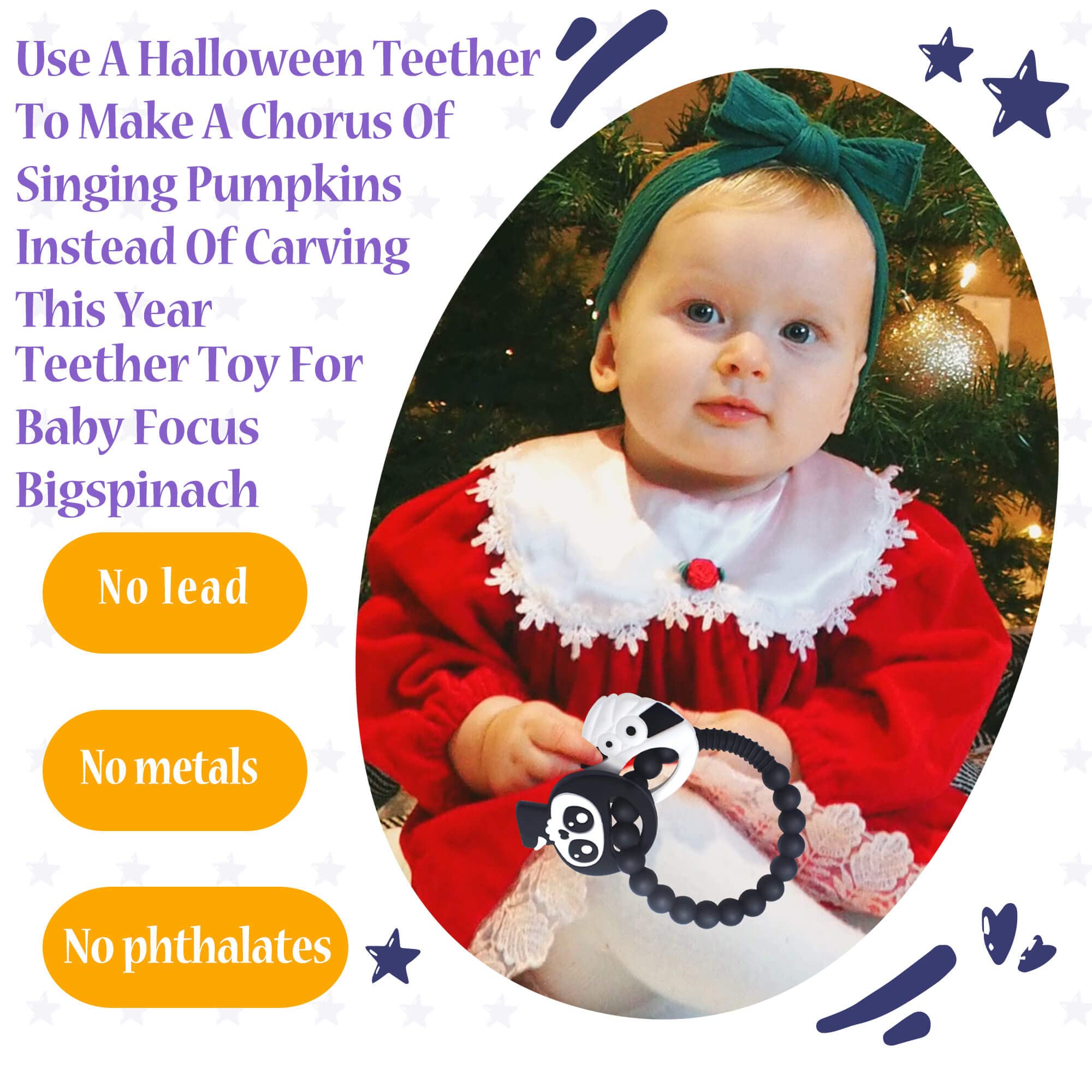 BIGSPINACH teether with grim reaper charm textured for soothing gums during teething.