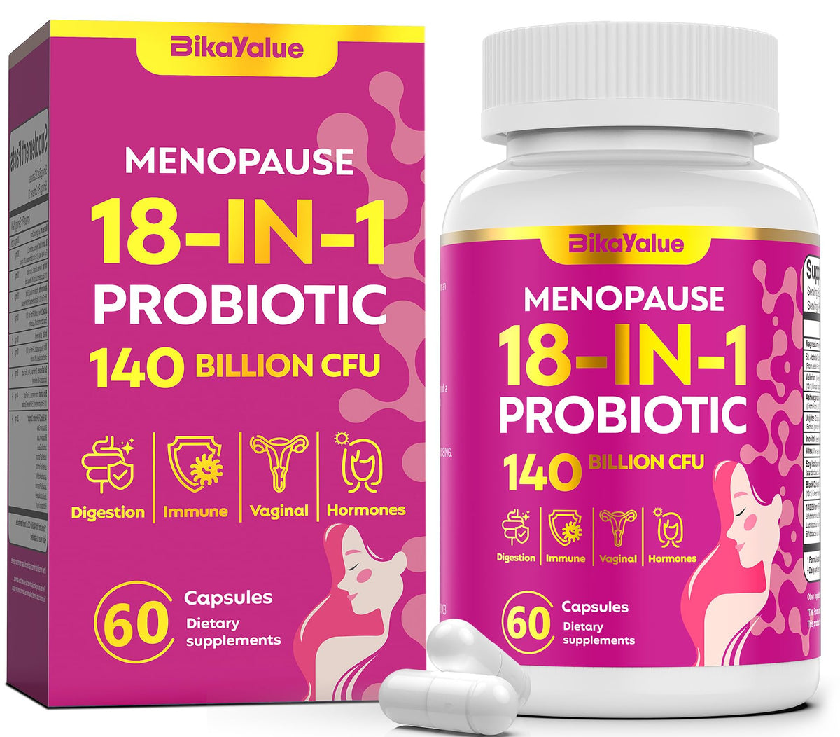 BIKAYALUE menopause bottle front featuring 60 capsules for daily comfort