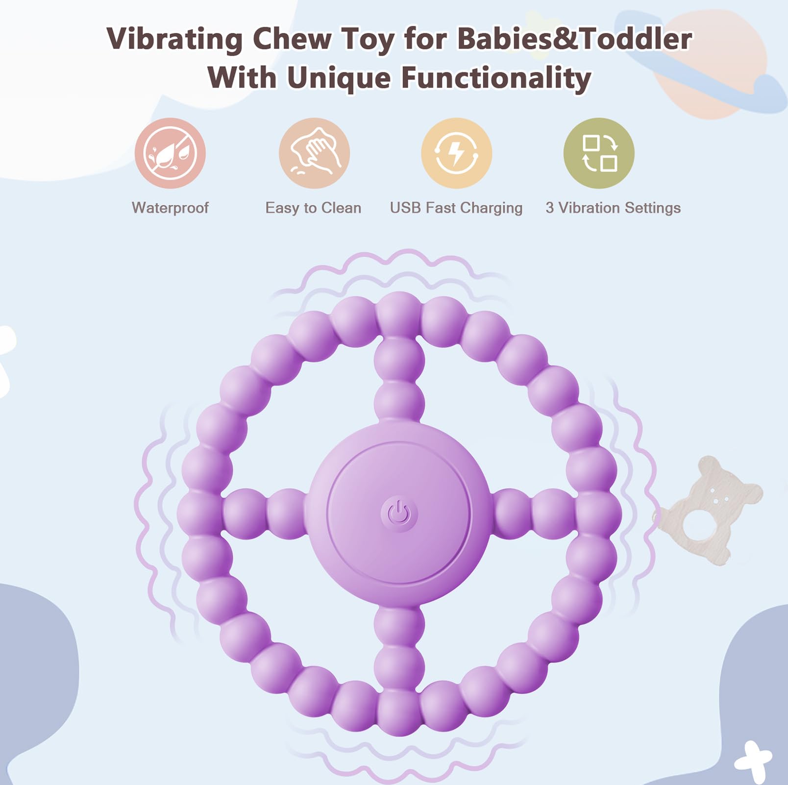 BIKCANP purple chew toy side view, safe silicone teether design