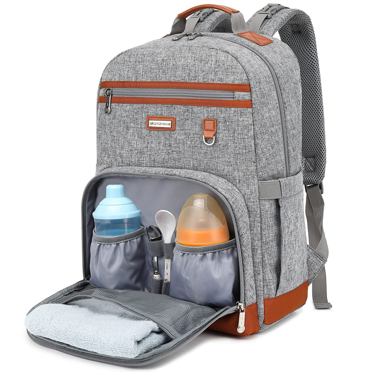 BILLITON MASHI diaper bag backpack in grey, front view with versatile storage for on-the-go parents.