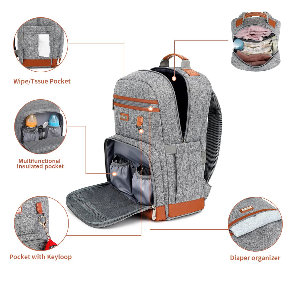 BILLITON MASHI diaper bag backpack grey side view, sturdy straps for travel.