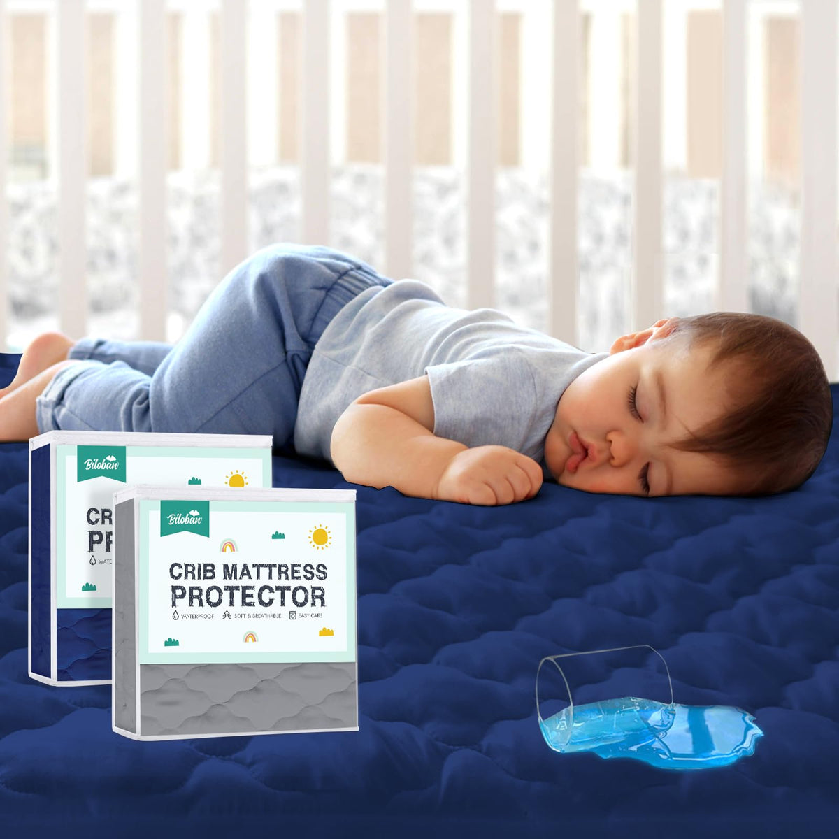 Biloban 2-pack crib mattress protector pack shot showing durable, easy-care design