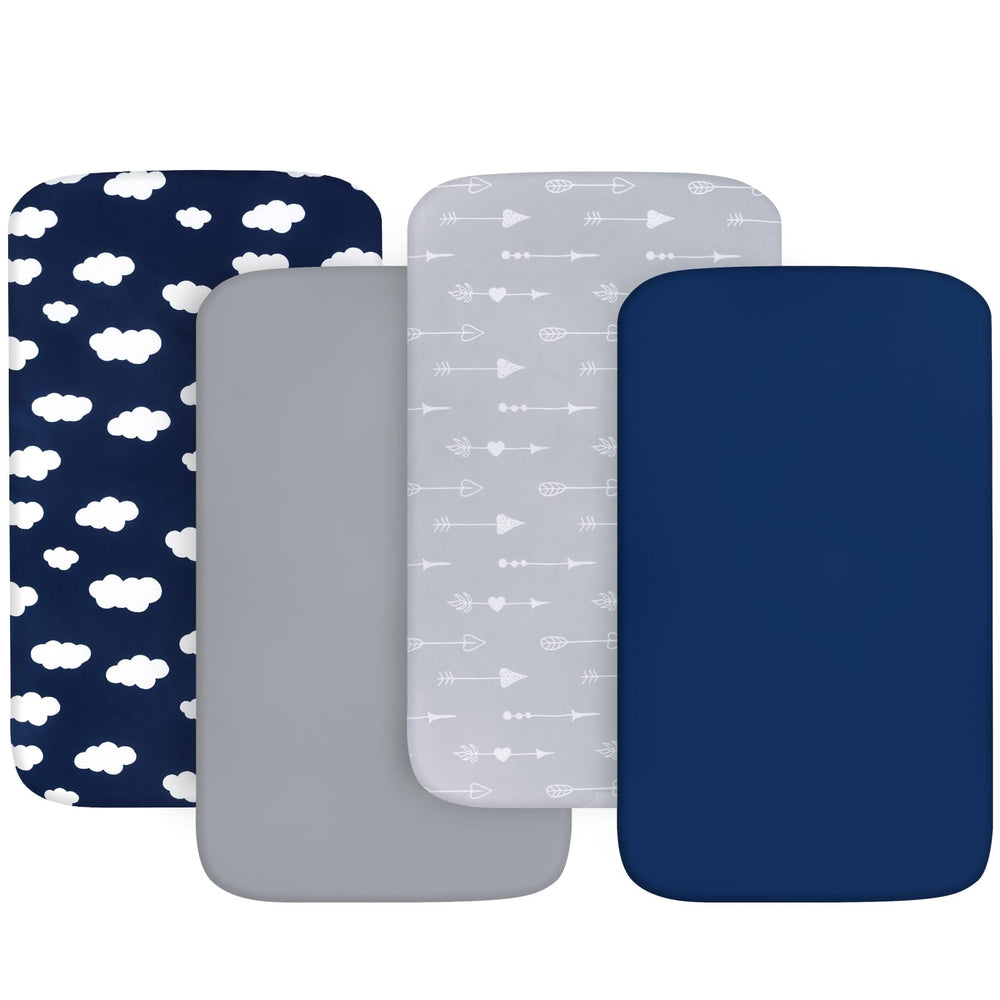 Biloban fitted pack and play sheets in grey and navy, snug and breathable.