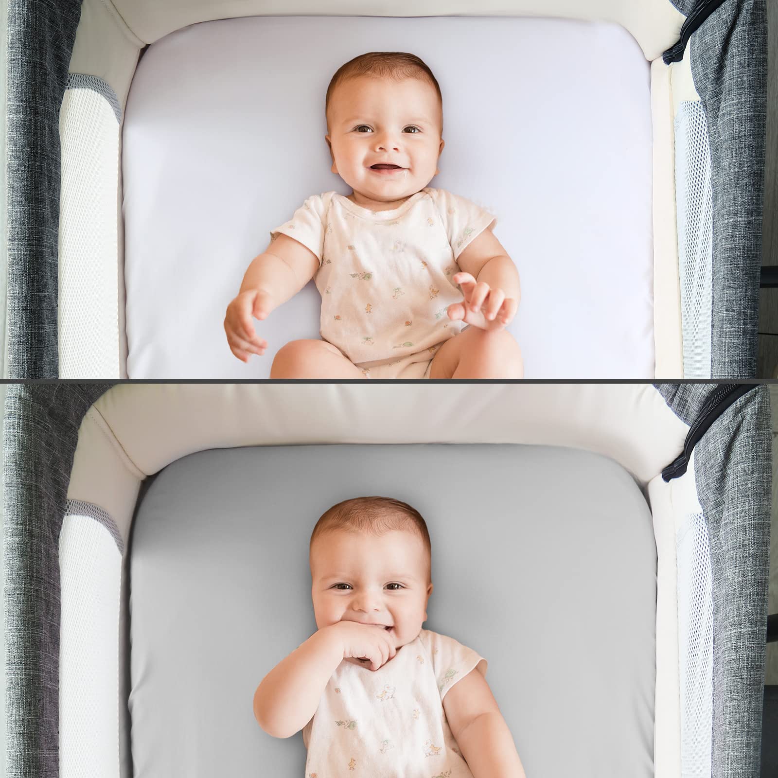 Grey and white design complements nursery decor while providing a breathable sleep surface.