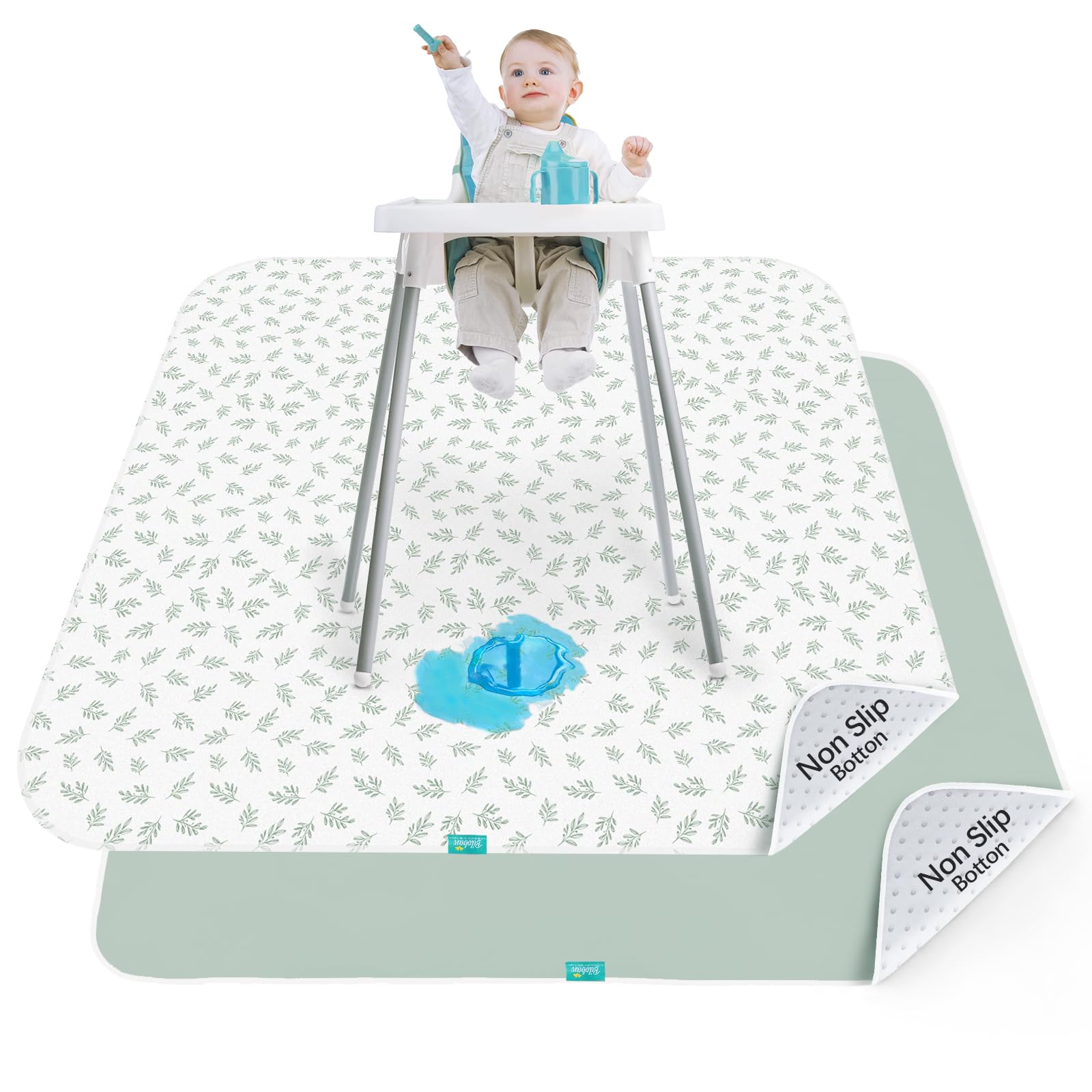 Biloban baby splat mat under high chair showing broad spill protection