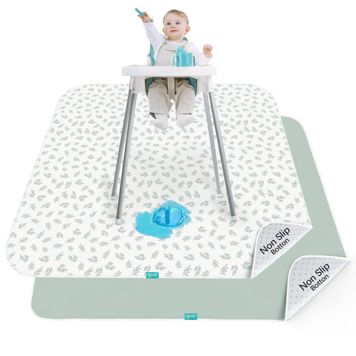 Biloban baby splat mat under high chair showing broad spill protection