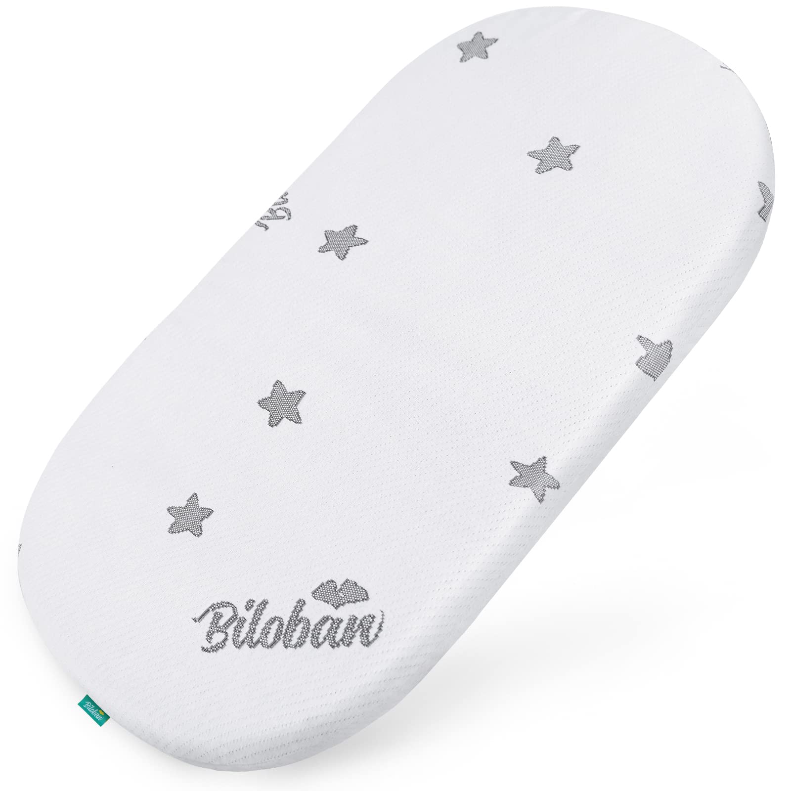Biloban bassinet mattress pad in 13x30 inches, designed for a snug fit.