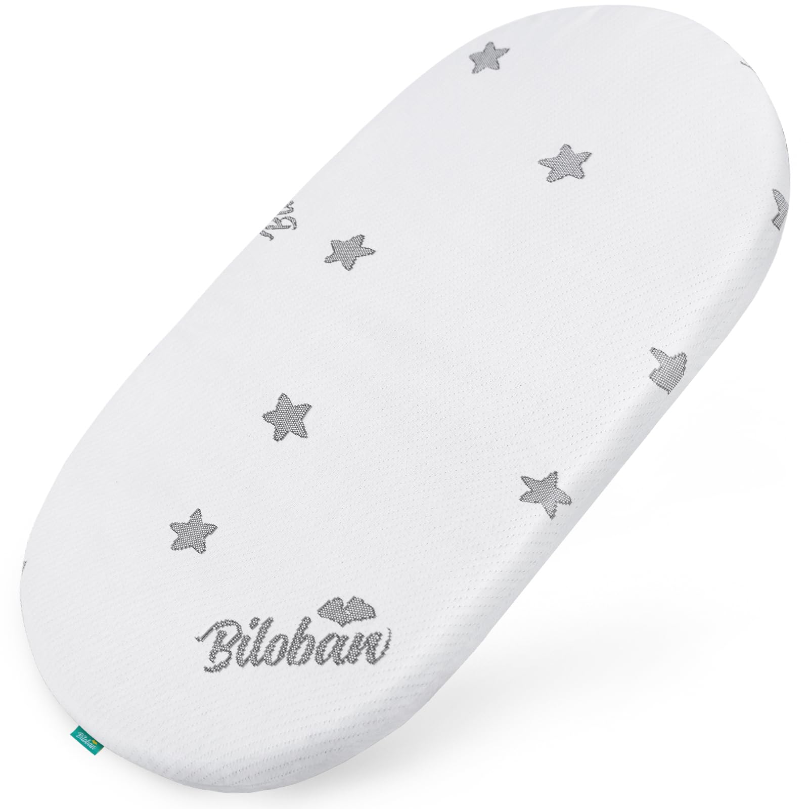 Biloban bassinet pad shows snug 17x29 fit with secure edge support.