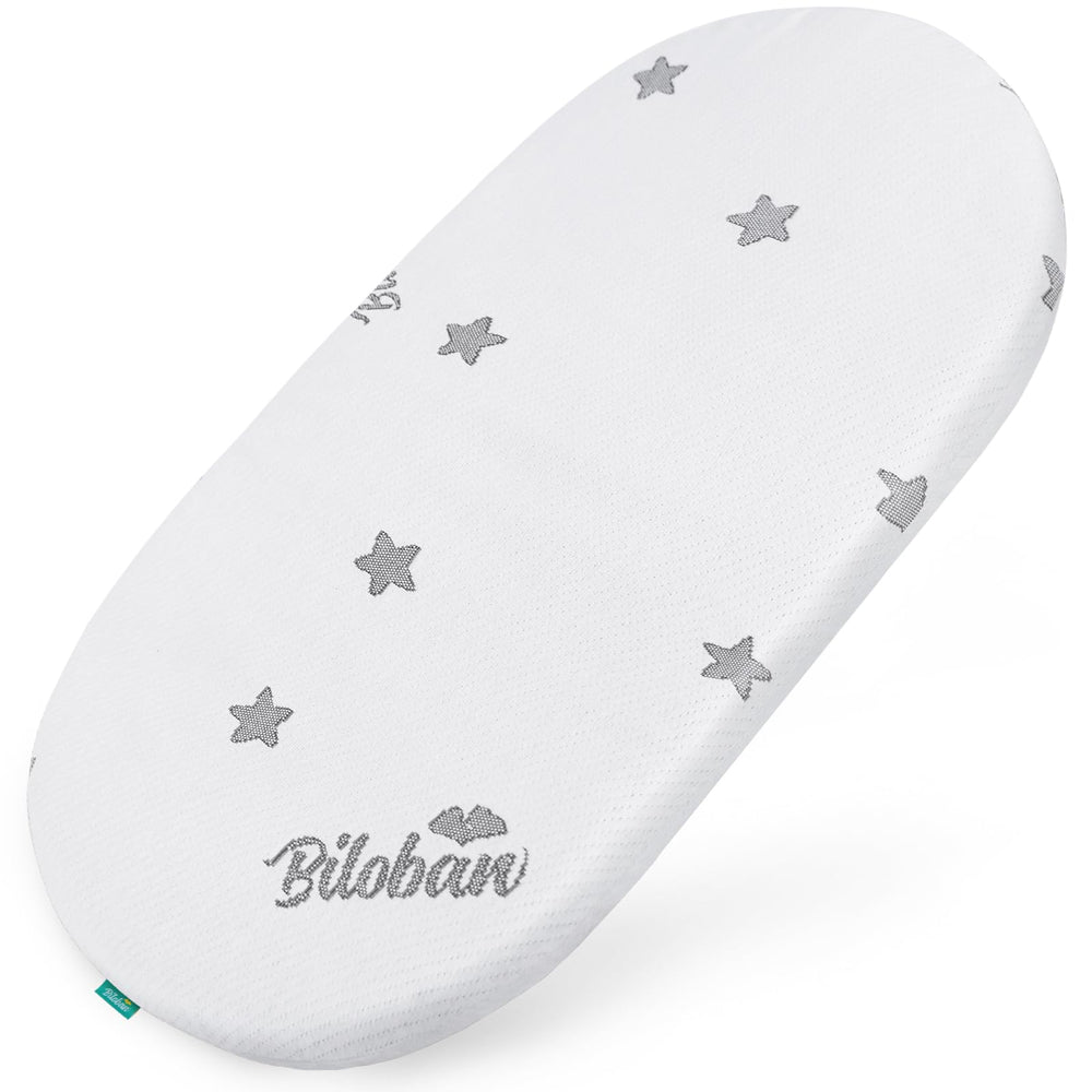 Biloban bassinet pad shows snug 17x29 fit with secure edge support.