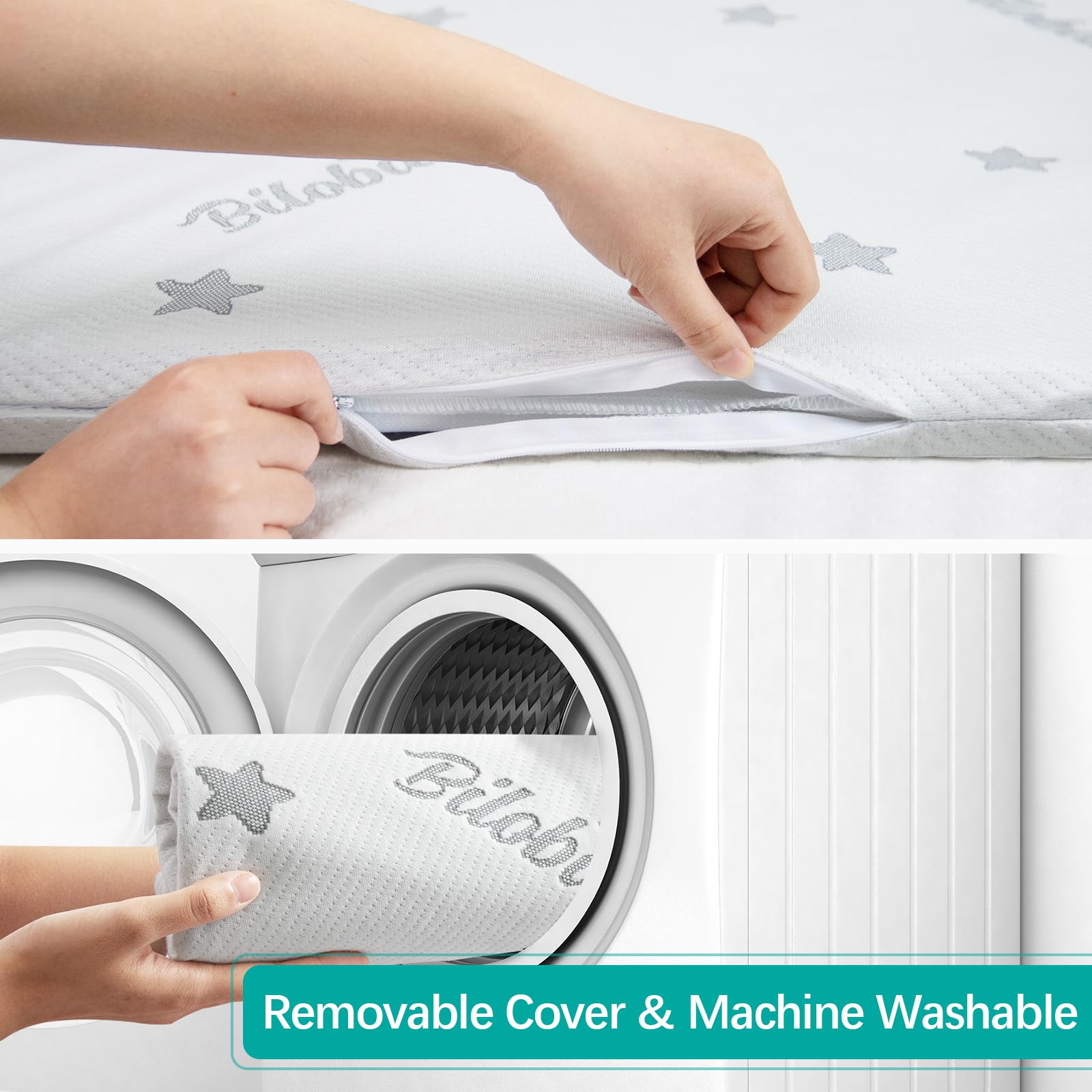 Machine washable cover makes post nap cleanups quick and simple.