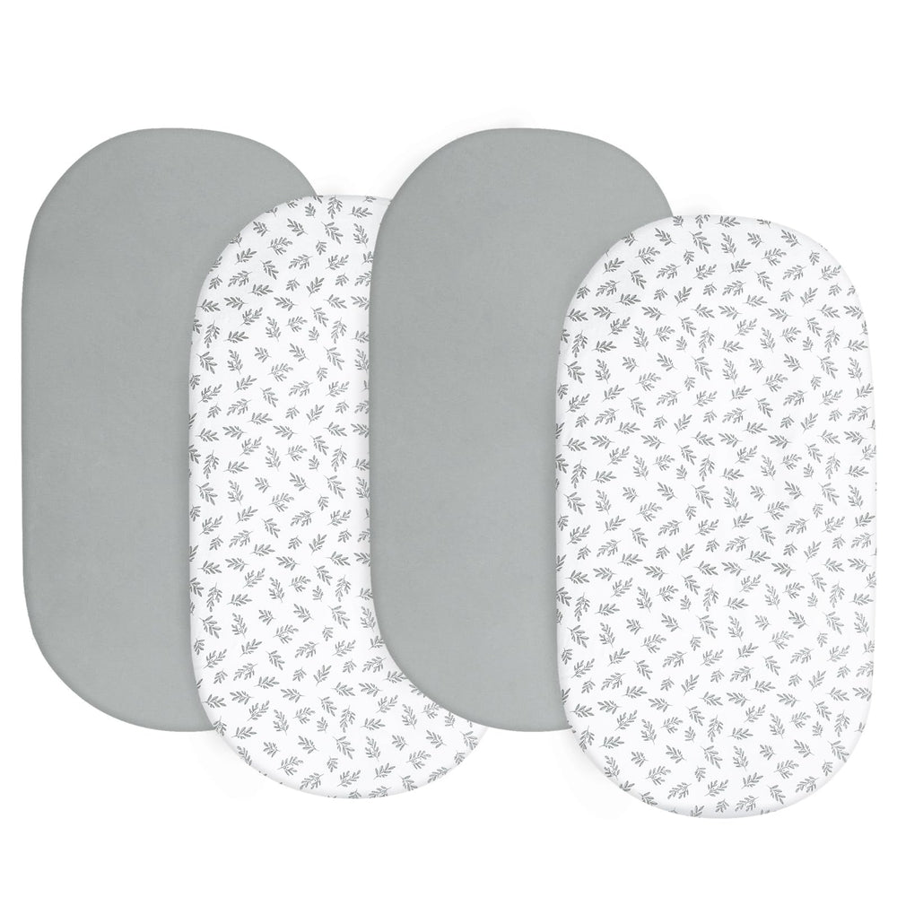 Biloban bassinet sheets grey four-pack for soft, breathable baby comfort.
