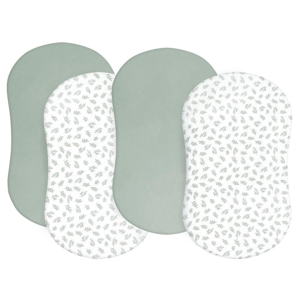 Biloban bassinet sheets in green offer Halo compatibility for a secure fit.