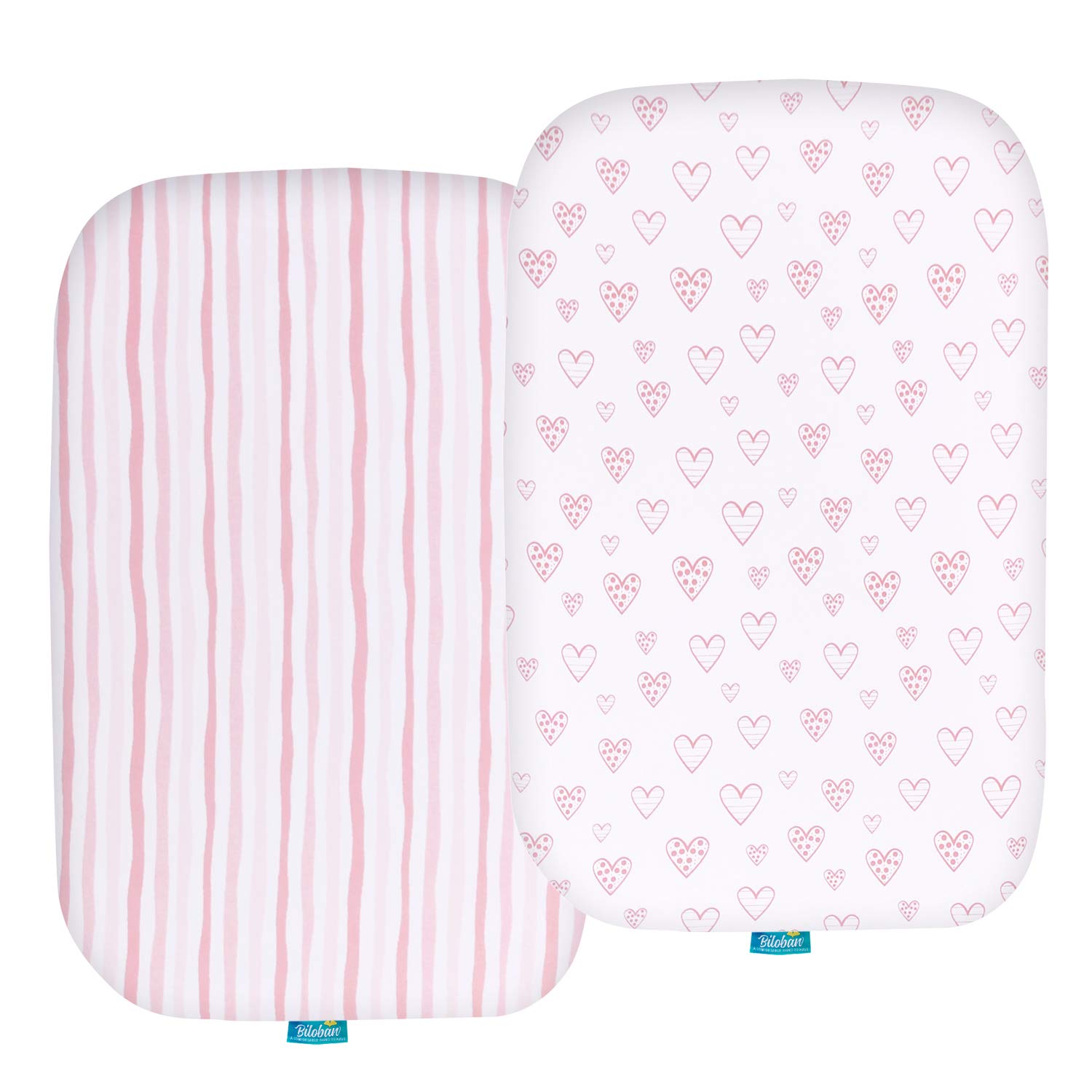Biloban bassinet sheet pink print close-up shows ultra-soft jersey cotton for baby comfort.