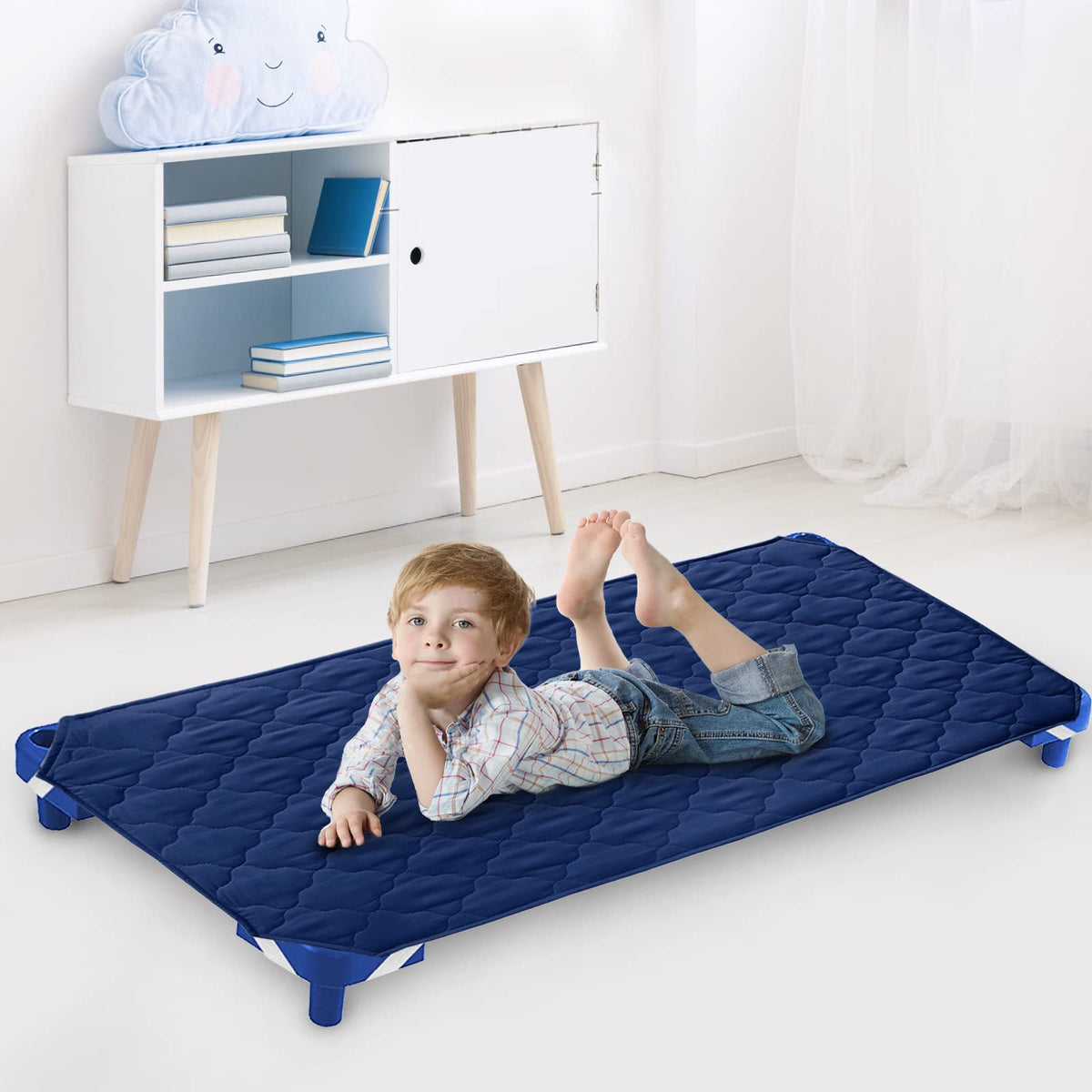 Biloban cot sheet 23x51 fits securely on standard cots for nap time.