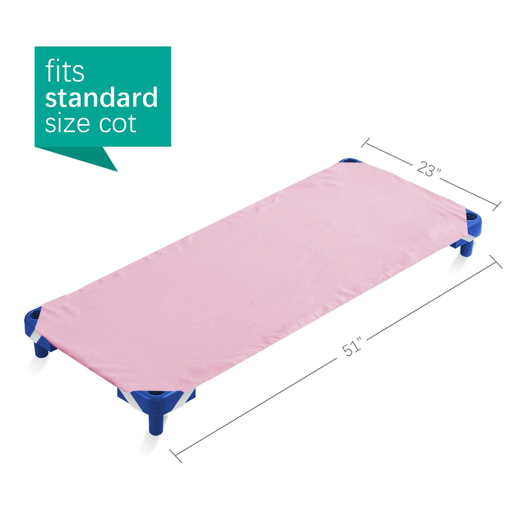 Biloban cot sheet elastic-strap detail demonstrates secure fit during nap time.