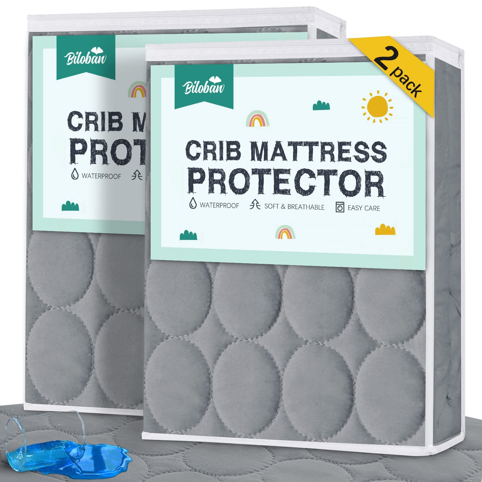 Biloban crib mattress protector 2-pack offers snug fit and protection.