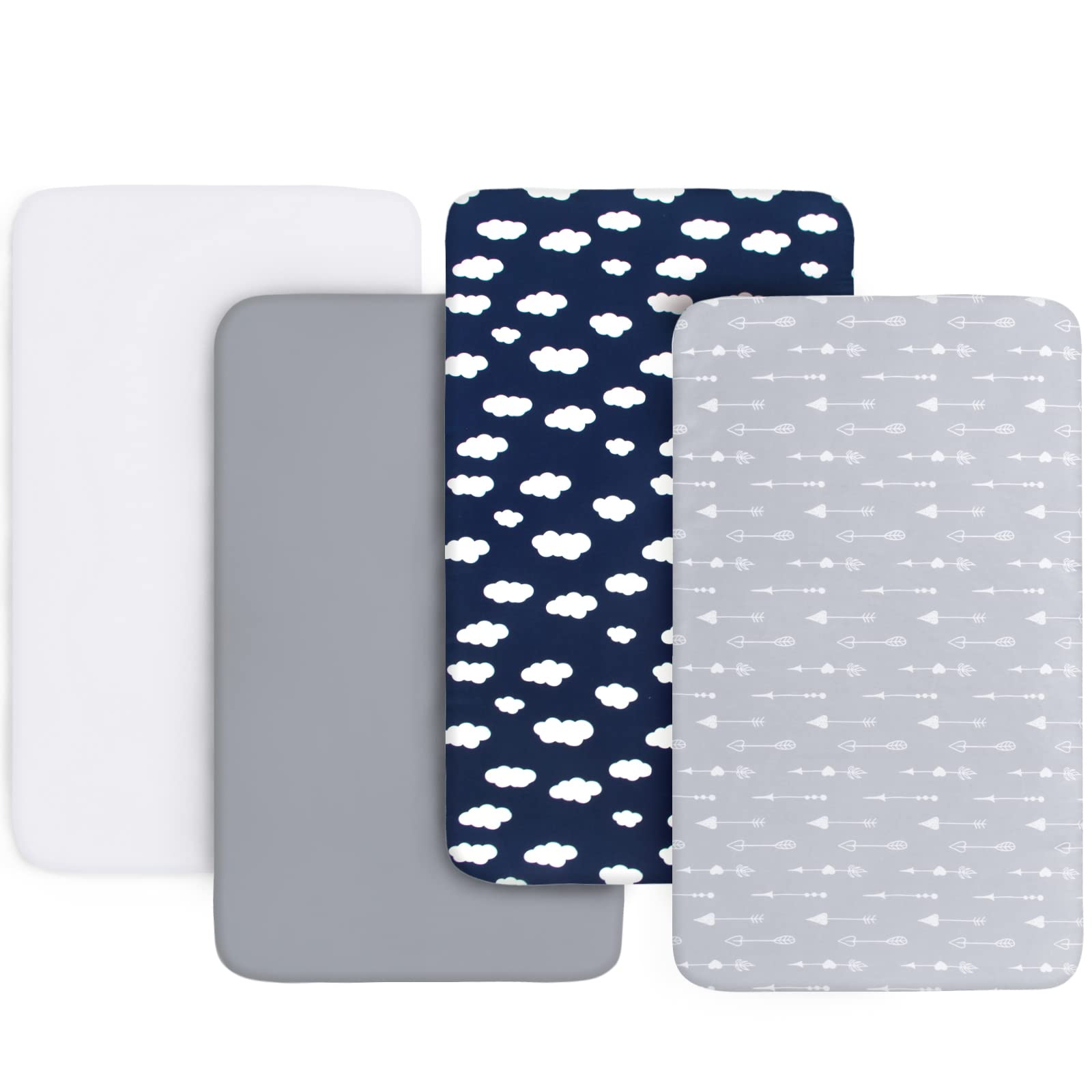 Biloban crib sheets 4-pack in grey, navy, white offering a snug crib mattress fit.