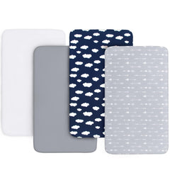 Biloban crib sheets 4-pack in grey, navy, white offering a snug crib mattress fit.