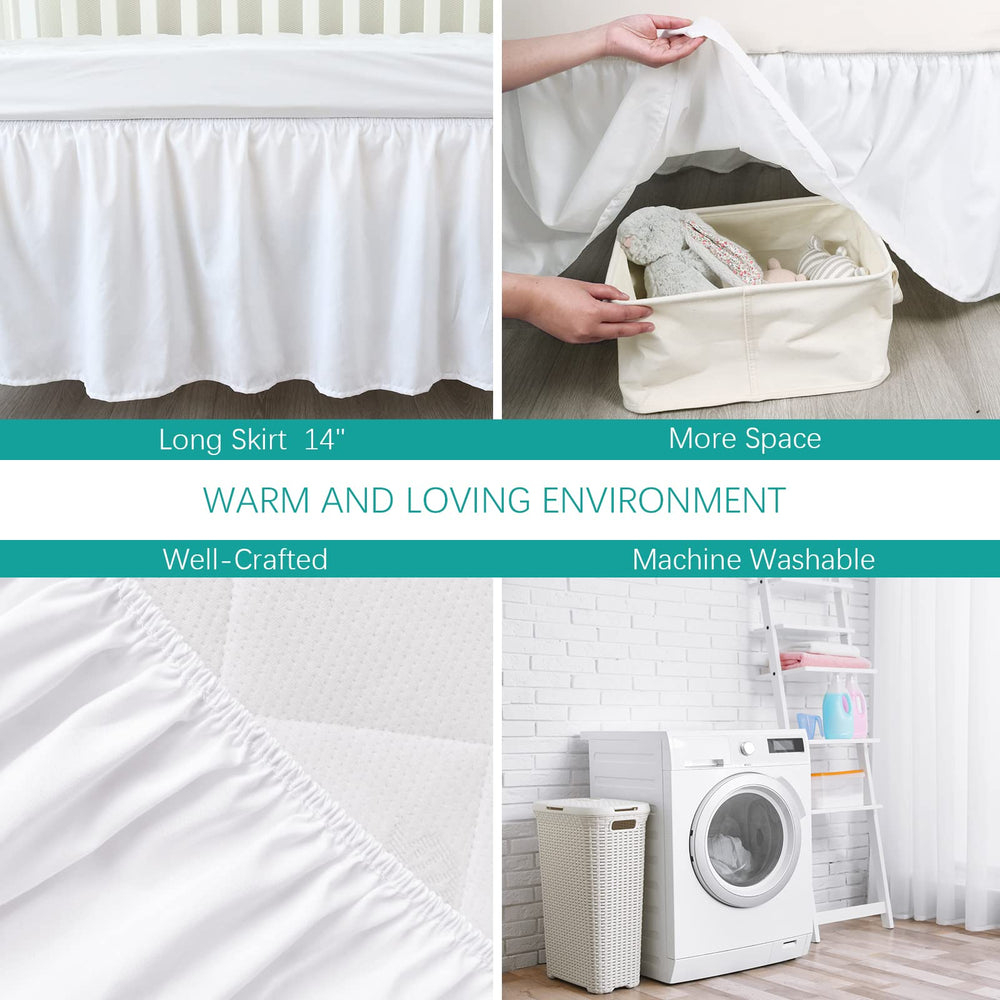 Soft microfiber crib skirt with corner buttons for fit adjustment.