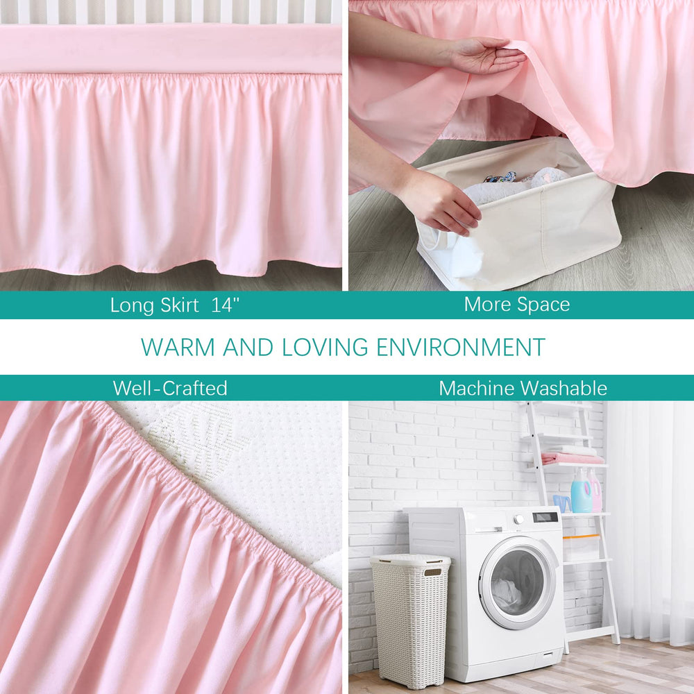 Biloban crib skirt easy-attach design with elastic wrap for quick setup.