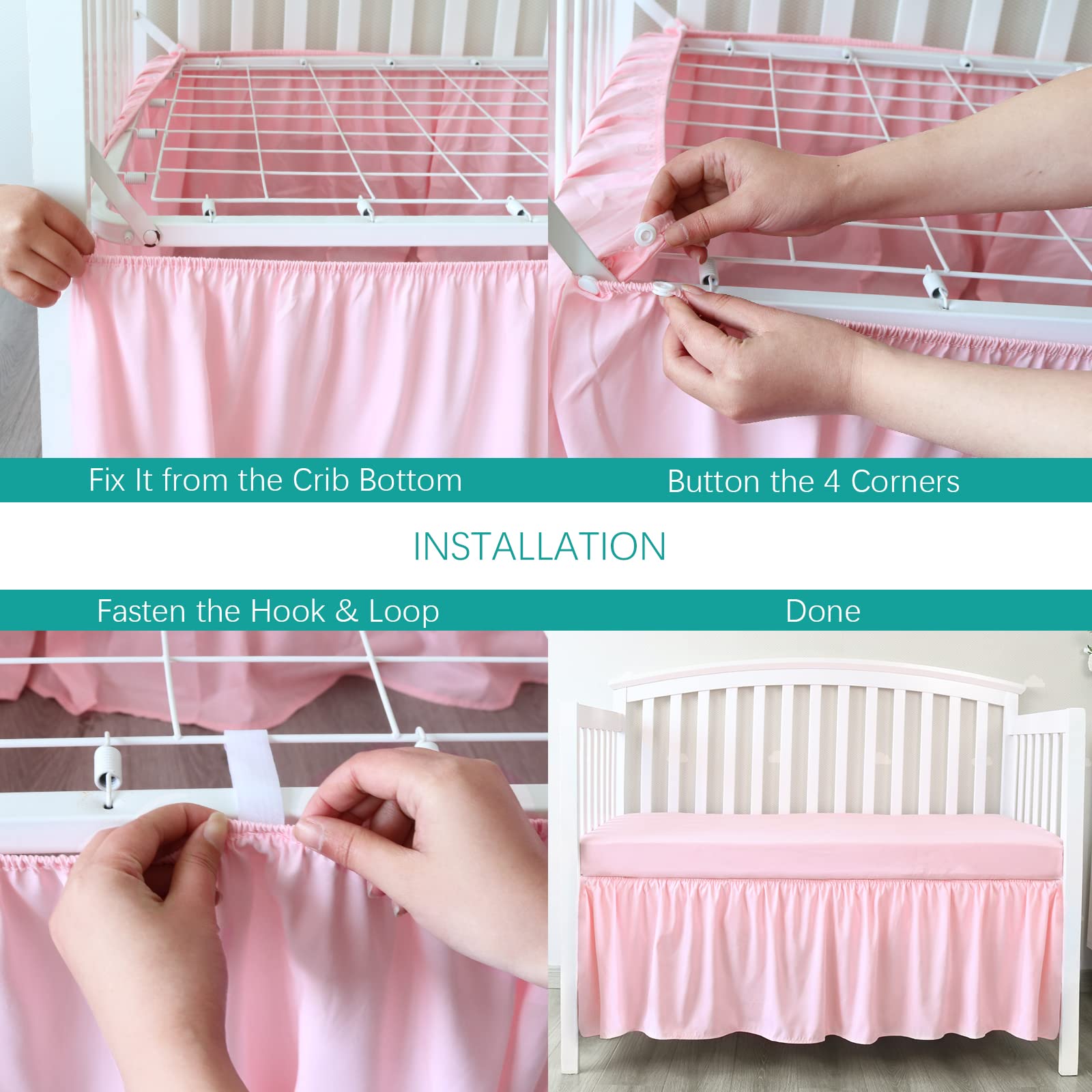 Biloban crib skirt provides full coverage, hiding under-crib storage while looking tidy.