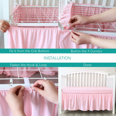 Biloban crib skirt provides full coverage, hiding under-crib storage while looking tidy.