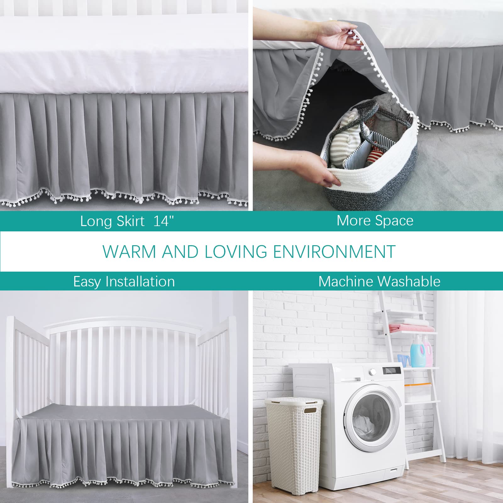Biloban crib skirt showing drape and pleated finish enhances nursery decor.
