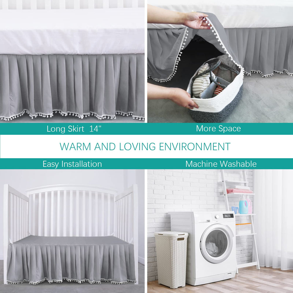 Biloban crib skirt showing drape and pleated finish enhances nursery decor.