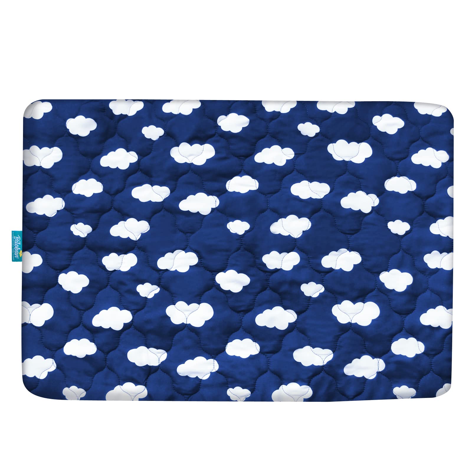 Mini crib protector sized 39 by 27 inches in navy cloud design.