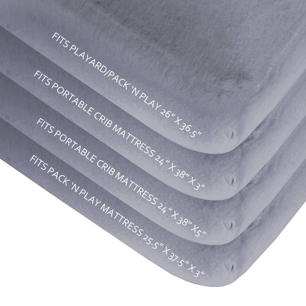 Mini crib mattress-compatible Biloban sheet in neutral gray.