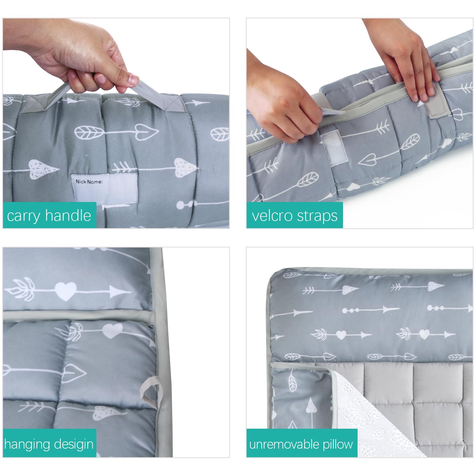 Biloban nap mat rolled up with carry handle for easy transport.