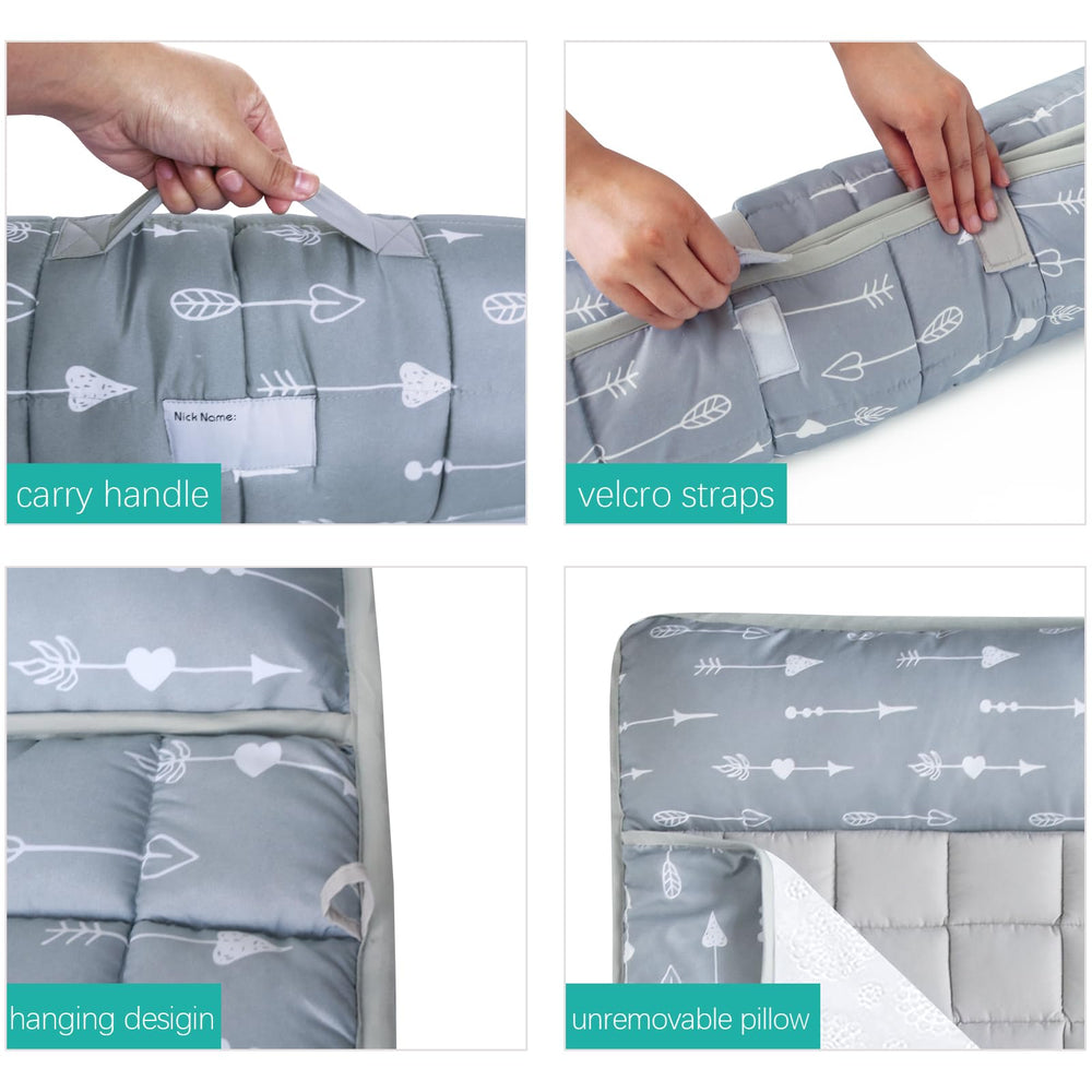 Biloban nap mat rolled up with carry handle for easy transport.