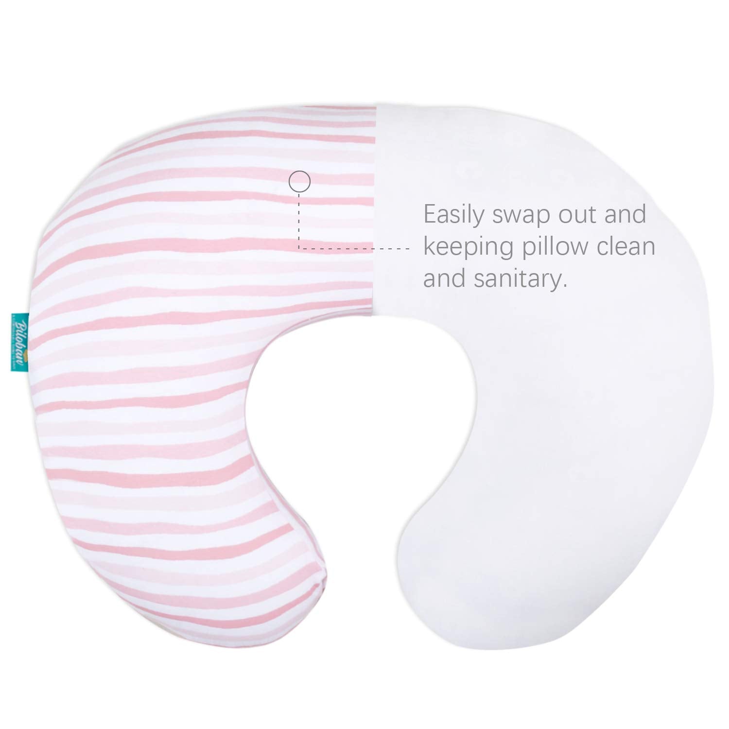 Biloban nursing pillow cover in use during breastfeeding with mom and baby.