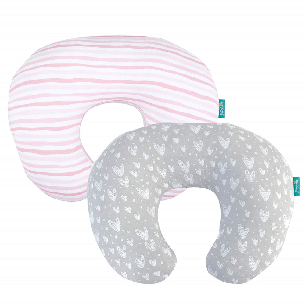 Biloban nursing pillow cover pink-gray 2-pack enhances comfort during feeding.