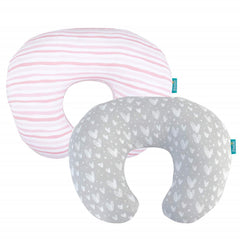 Biloban nursing pillow cover pink-gray 2-pack enhances comfort during feeding.