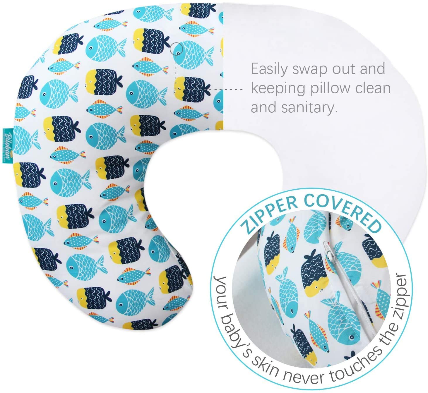 Biloban snug-fit cover fits Boppy pillows securely.