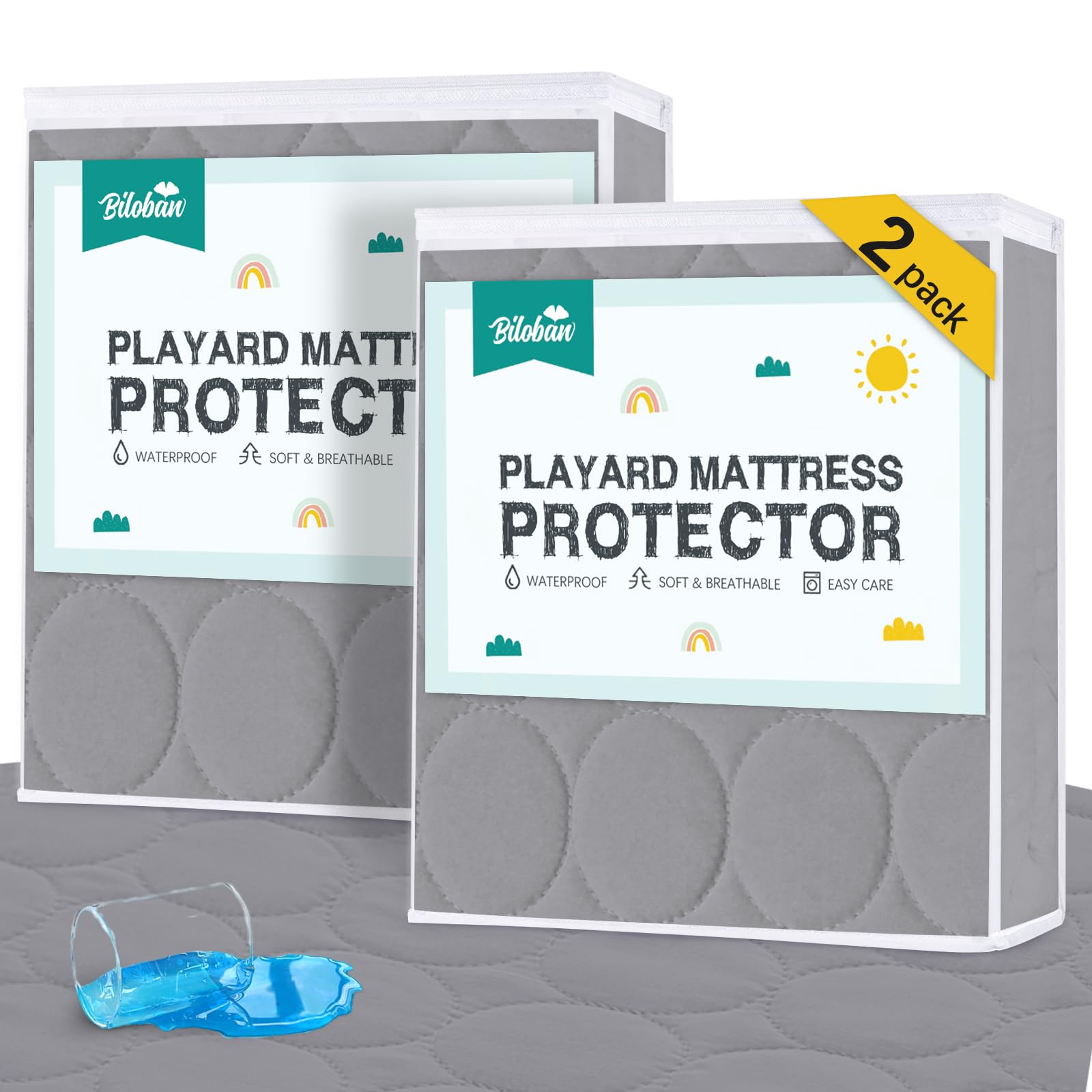 Biloban pack and play mattress protector cover top view showing secure fit