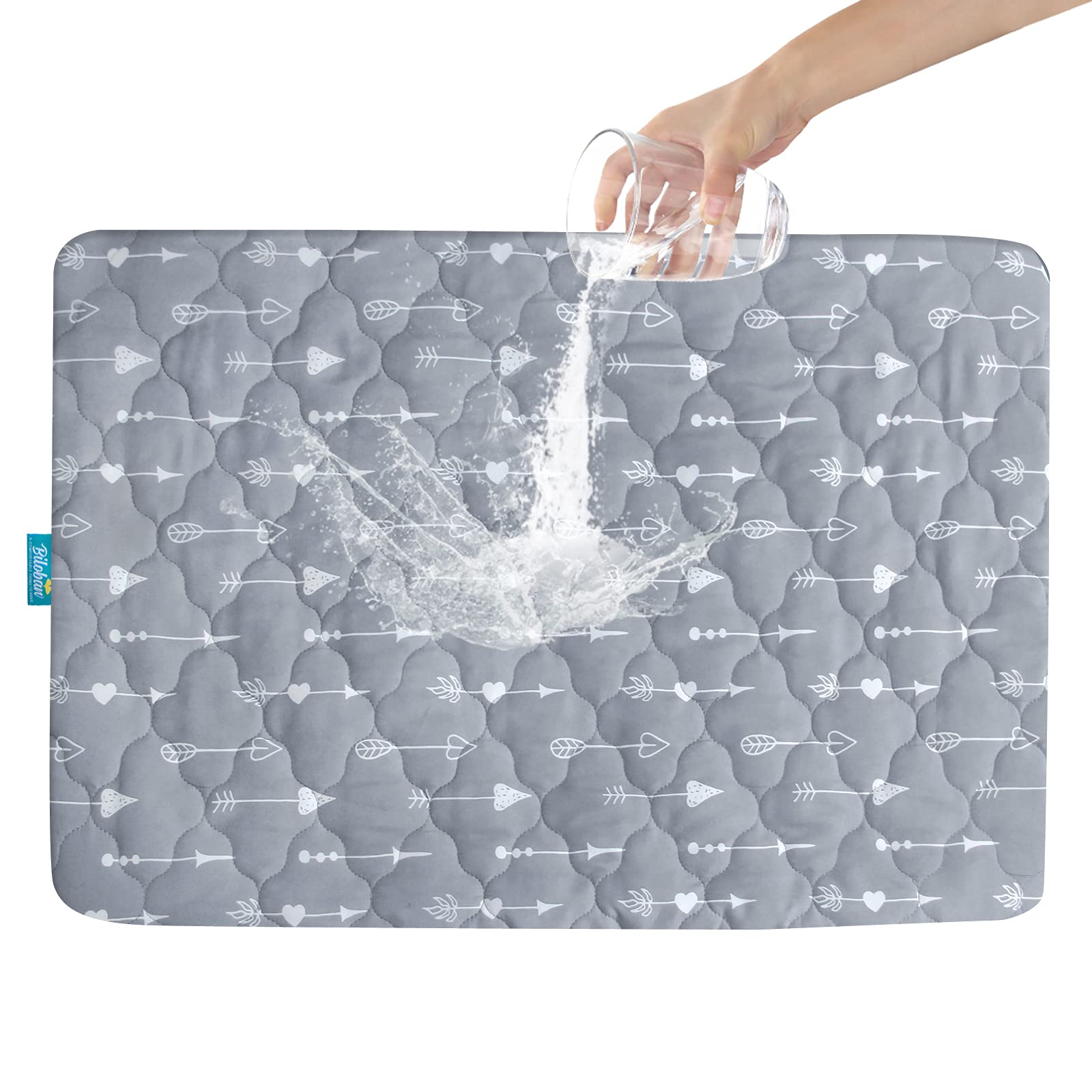 Biloban pack and play mattress protector in gray provides spill protection for mini cribs.
