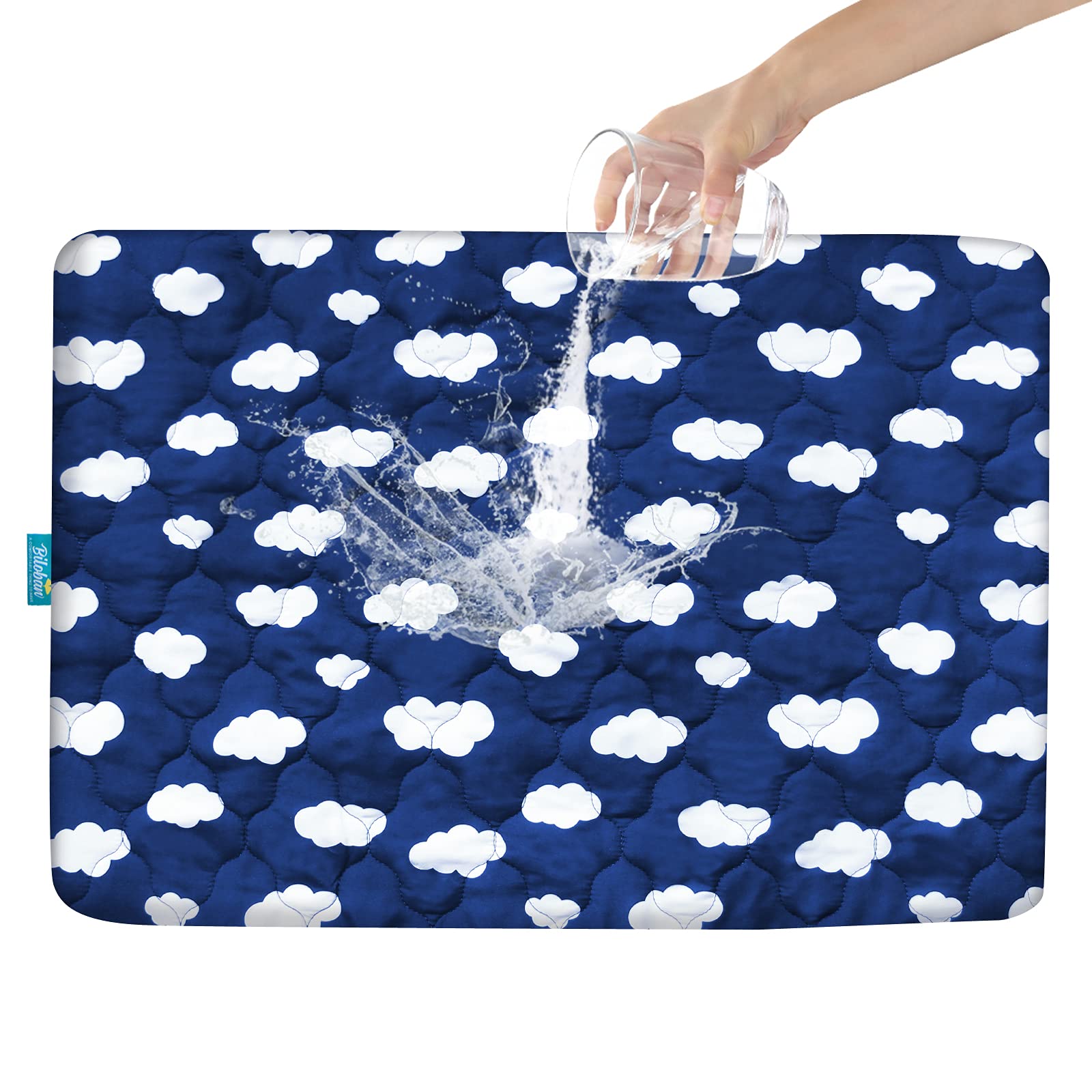 Biloban Pack and Play protector with navy cloud cover protects against spills.