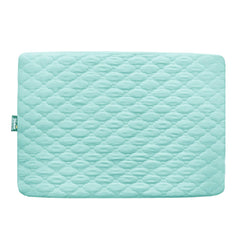 Biloban pack-n-play mattress protector in aqua offers a soft, leak-proof surface.