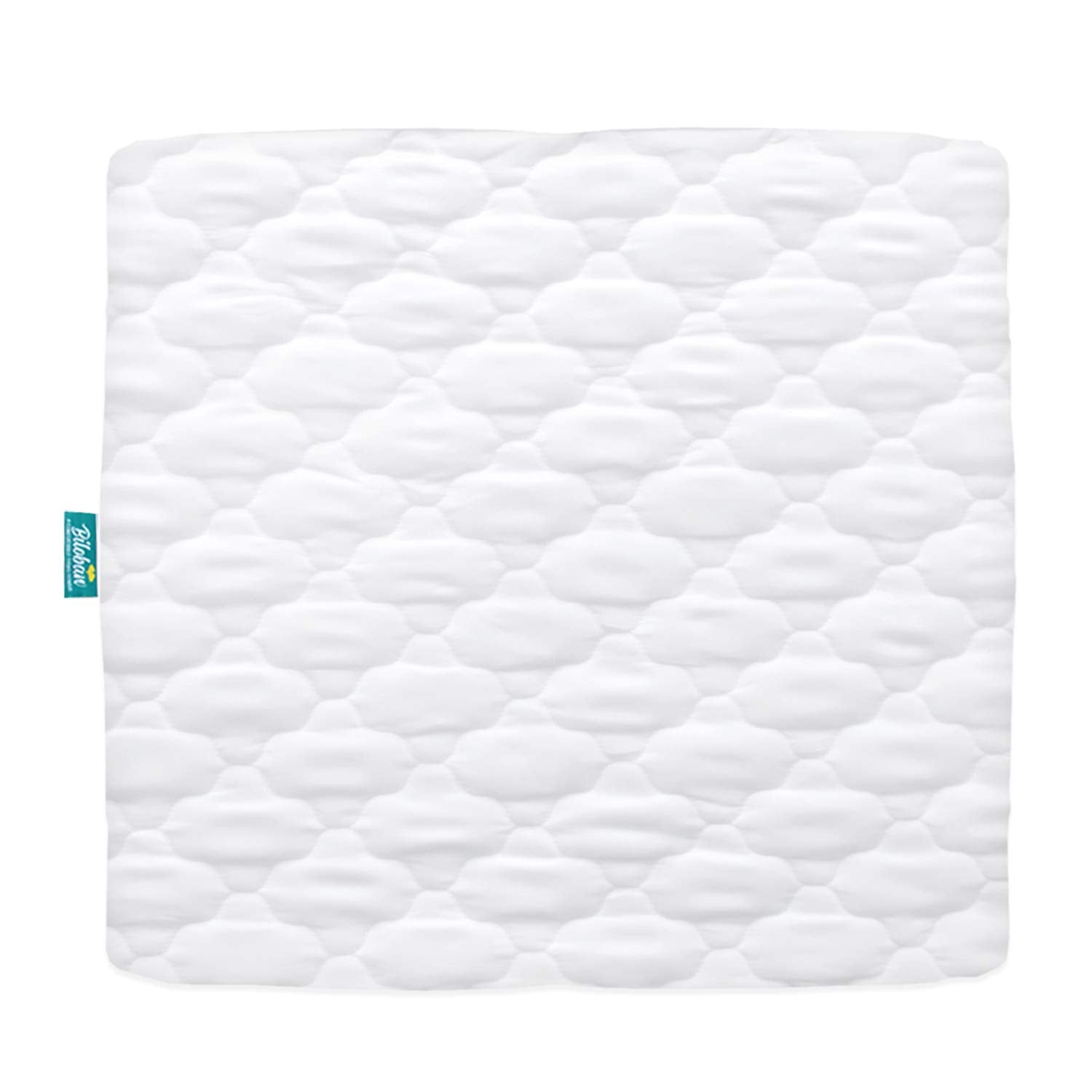 Biloban playard mattress cover with square-fit design for a snug, comfortable sleep surface.