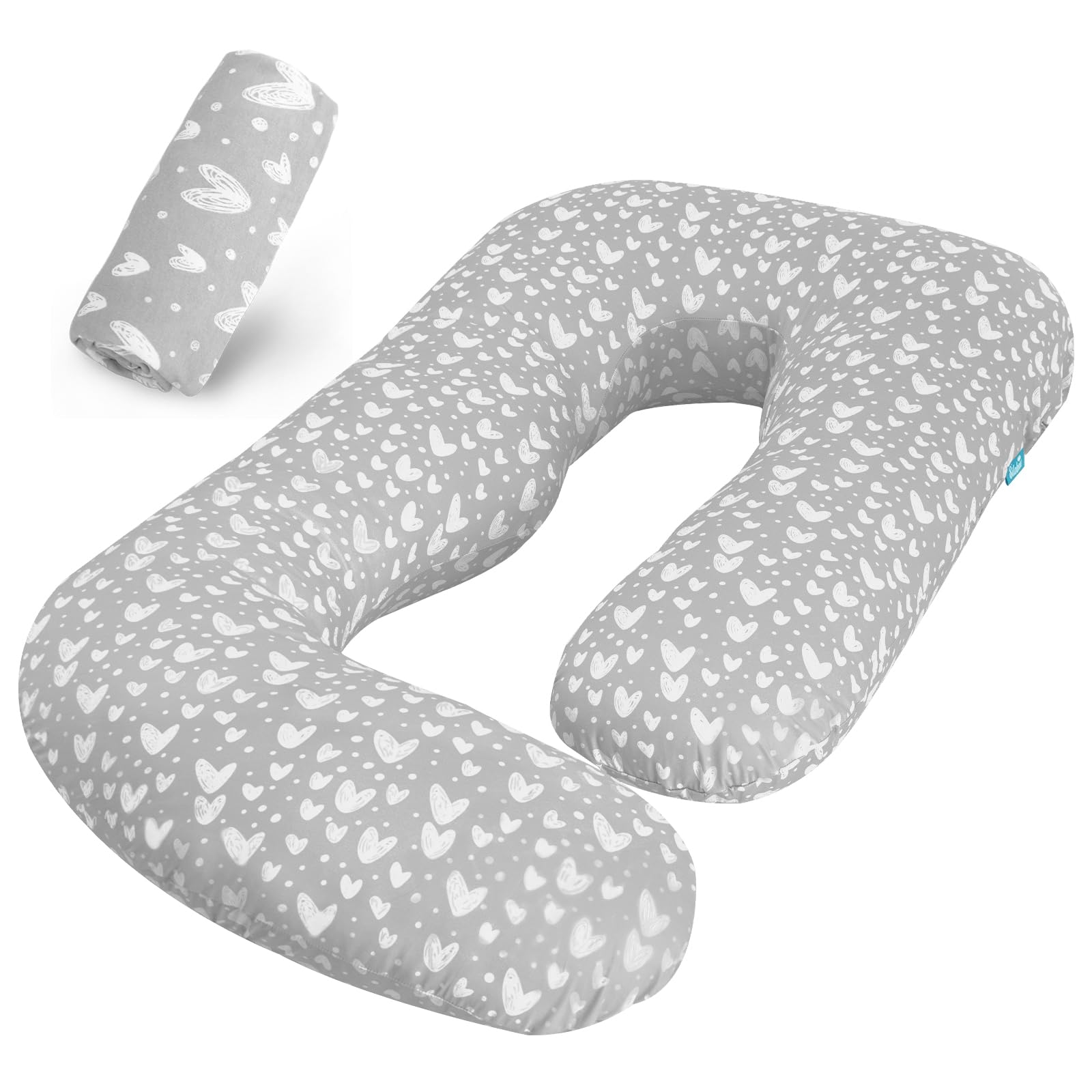 Biloban U-shape pregnancy pillow cover with grey hearts print keeps the pillow clean and cozy.