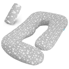 Biloban U-shape pregnancy pillow cover with grey hearts print keeps the pillow clean and cozy.