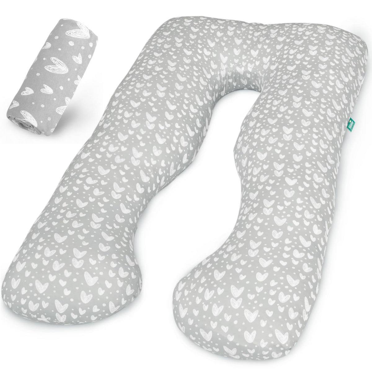 Biloban U-shaped pregnancy pillow cover in grey hearts print fits most maternity pillows for comfort.
